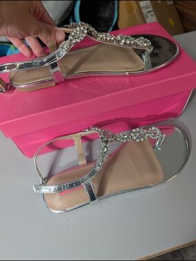 Women’s Silver Jeweled T-Strap Sandals